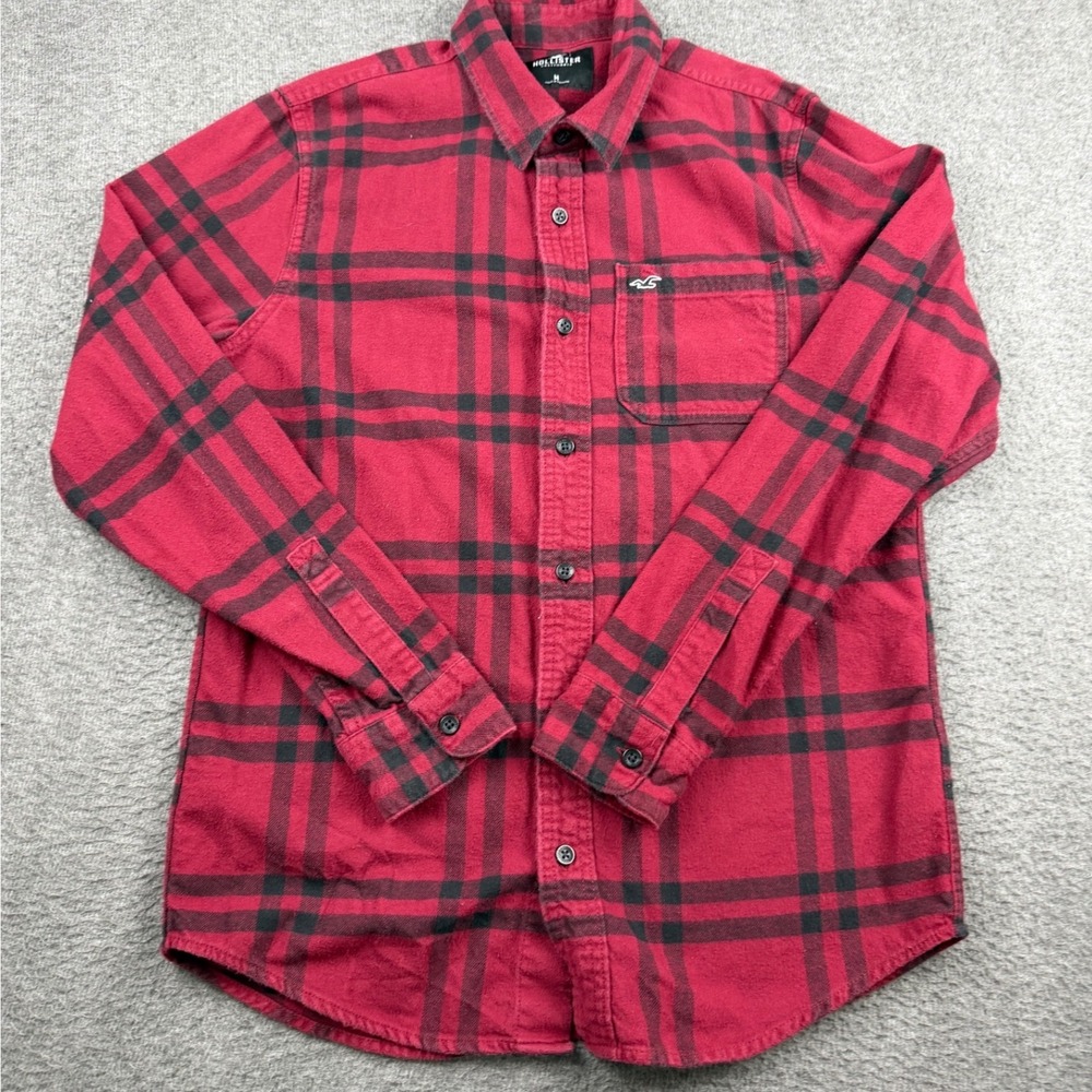 Hollister Men's M Medium Red Black Plaid Flannel Button Down Shirt Long Sleeve
